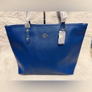 NWT Coach Crossgrain Leather City Zip Tote in RARE Bright Mineral Blue/Silver